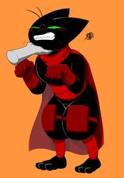  anthro black_body black_fur blush cape cartoon_network chin_scratch clothing digitigrade disembodied_hand domestic_cat embarrassed felid feline felis fur green_eyes hi_res male mammal mao_mao:_heroes_of_pure_heart nemhippie red_clothing sheriff_mao_mao_mao 