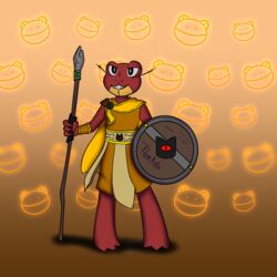  1:1 amphibian anthro clothing costume cult_of_the_lamb female frog gladiator gradient_background halloween halloween_costume heket_(cult_of_the_lamb) holding_melee_weapon holding_object holding_polearm holding_shield holding_spear holding_weapon holidays massive_monster_(studio) melee_weapon novaarts orange_background polearm red_body shield simple_background solo spear standing warrior weapon wood wood_shield yellow_clothing 