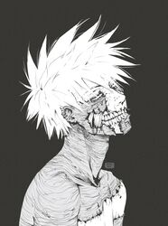  1boy absurdres artist_name black_background boku_no_hero_academia burn_scar cheek_piercing dabi_(boku_no_hero_academia) deep_wound english_commentary greyscale highres injury male_focus messy_hair monochrome multiple_scars piercing saucybrtt scar scar_on_face scar_on_neck solo spoilers staple stapled stitches teeth todoroki_touya upper_body 