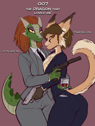  3:4 anthro argonian brown_hair business_suit clothing digital_media_(artwork) duo ear_piercing ear_ring english_text felid female female/female general-irrelevant gun hair hi_res holding_gun holding_object holding_ranged_weapon holding_weapon holding_wine_glass james_bond_(series) khajiit lifts-her-tail looking_at_viewer mammal microsoft necktie piercing pussywillow_moonsugar ranged_weapon ring_piercing scalie simple_background smile suit text the_elder_scrolls the_lusty_argonian_maid weapon 