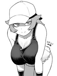  baseball_cap breasts closed_mouth collarbone dated female greyscale hat large_breasts looking_at_viewer monochrome pokemon pokemon_sm punk_girl_(pokemon) short_hair signature simple_background smile solo tank_top tsukudani_(coke-buta) white_background wristband 