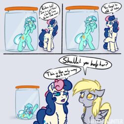  1:1 2020 absurd_res asking asking_another asphyxiation blonde_hair blue_eyes blue_hair bonbon_(mlp) command command_to_look container cyanosis derp_eyes derpy_hooves dialogue earth_pony english_text equid equine female friendship_is_magic green_hair group hair hasbro hi_res horn horse in_container in_jar jar lyra_heartstrings_(mlp) mammal meme multicolored_hair my_little_pony mythological_creature mythological_equine mythology name_drop name_in_dialogue pegasus pink_hair pony pony_cum_jar_project question speech_bubble talking_to_another text trio two_tone_hair unicorn white_hair wings witchtaunter yes-no_question 