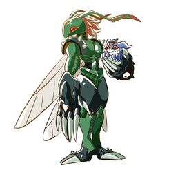  animal_humanoid antennae_(anatomy) anthro arthropod arthropod_humanoid bandai_namco blue_body carrying_another carrying_partner claws digimon digimon_(species) duo green_body hi_res horn humanoid insect_humanoid insects male protosaru stingmon veemon wings 