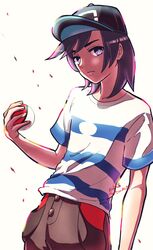  1boy baseball_cap black_hair black_hat bright_pupils brown_pants closed_mouth commentary_request elio_(pokemon) frown grey_eyes hand_up hat highres holding holding_poke_ball male_focus medium_hair pants poke_ball poke_ball_(basic) pokemon pokemon_sm sheyona shirt short_sleeves solo striped_clothes striped_shirt t-shirt twitter_username white_background white_pupils 