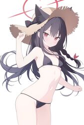  animal_ear_fluff animal_ears bare_arms bare_shoulders bikini black_bikini black_hair blue_archive blush braid breasts brown_hat chinese_commentary closed_mouth commentary_request cowboy_shot female fox_ears fox_girl hair_between_eyes hair_ribbon halo hand_up hat highres jyt leaning_forward long_hair navel red_eyes red_halo red_ribbon ribbon side_braid sidelocks simple_background single_braid small_breasts solo straw_hat swimsuit white_background yukino_(blue_archive) 