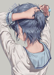  arms_up bite_mark blue_hair blue_sailor_collar commentary facing_away female fingernails from_behind grey_background hair_focus hair_lift hair_ornament hair_tie half_updo hands hands_in_hair haneru haori_haruki highres himitsu_no_jugyou holding holding_own_hair long_sleeves nape original ponytail sailor_collar shirt short_hair sidelocks signature simple_background solo star_(symbol) star_hair_ornament tying_hair upper_body wet wet_hair white_shirt 