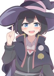  :d black_capelet black_hair black_hat black_robe blue_eyes blush capelet collared_shirt commentary crescent female grey_shirt hand_up hat hatafuta index_finger_raised long_sleeves looking_at_viewer majo_no_tabitabi open_mouth robe saya_(majo_no_tabitabi) shirt short_hair simple_background smile solo star_(symbol) teeth upper_body upper_teeth_only white_background witch witch_hat 