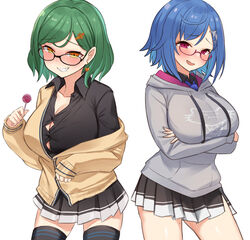  2girls :d absurdres alternate_breast_size arm_under_breasts bespectacled black-framed_eyewear black_thighhighs blue_hair blue_necktie blush breasts candy choco_tanuki cleavage collarbone collared_shirt cowboy_shot crossed_arms dolphin_hair_ornament dress_shirt earrings food glasses grey_hoodie grin hair_ornament hairclip highres holding holding_candy holding_food holding_lollipop hood hood_down hoodie jacket jewelry kitakoji_hisui large_breasts lollipop long_sleeves looking_at_viewer miniskirt mole mole_on_thigh multiple_girls naughty_face necktie nijisanji nishizono_chigusa oerba_yun_fang open_mouth plaid_necktie pleated_skirt print_hoodie purple-framed_eyewear purple_eyes school_uniform shirt short_hair simple_background skin_fang skirt smile thighhighs virtual_youtuber white_background yellow_eyes 