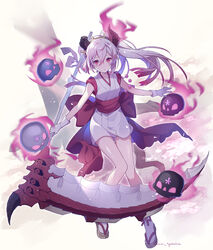  artist_name back_bow bow commentary duel_monster female floating_skull gloves gradient_hair hair_between_eyes holding holding_scythe horns japanese_clothes knees_together_feet_apart multicolored_hair obi pink_hair red_blossoms_from_underroot red_eyes sandals sash scythe sleeveless solo white_gloves white_hair yu-gi-oh! yuui1994 