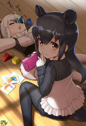  2girls animal_ears anteater_ears anteater_tail black_hair black_legwear black_shirt black_shorts bow bowtie bug butterfly camera center_frills commentary_request drooling extra_ears finger_to_mouth frills gloves highres kemono_friends long_hair long_sleeves looking_at_viewer lying malayan_tapir_(kemono_friends) multicolored_hair multiple_girls on_back pantyhose polaroid polaroid_camera shirt short_hair short_shorts shorts sitting sleeping southern_tamandua_(kemono_friends) tail takebi tapir_ears tapir_girl tapir_tail translation_request two-tone_hair white_bow white_bowtie white_gloves white_hair white_legwear white_shirt white_shorts yellow_eyes 