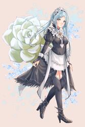  apron black_footwear black_legwear blue_hair collar female fire_emblem fire_emblem_fates flora_(fire_emblem) flower frilled_collar frills full_body fuussu_(21-kazin) high_heels long_hair long_sleeves maid maid_headdress open_mouth puffy_sleeves thighhighs twintails waist_apron zettai_ryouiki 