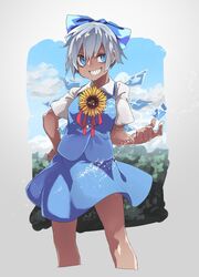  blue_bow blue_eyes blue_hair blue_skirt blue_vest bow cirno commentary cropped_legs dark-skinned_female dark_skin female grey_hair grin hairbow hand_on_own_hip highres ice ice_wings looking_at_viewer miniskirt neck_ribbon red_ribbon reiga_(act000) ribbon shirt short_hair short_sleeves skirt smile solo standing symbol-only_commentary tanned_cirno touhou vest white_shirt wings 