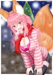  animal_ear_fluff animal_ears bad_id bad_pixiv_id black_thighhighs blush bra breasts christmas christmas_lights christmas_ornaments christmas_tree cleavage fate/extella fate/extra fate/extra_ccc fate/grand_order fate_(series) female fox_ears fox_girl fox_tail highres large_breasts oerba_yun_fang official_alternate_costume open_clothes open_mouth open_shirt outdoors pink_bra pink_hair skin_fang snow solo striped tail tamamo_(fate) tamamo_no_mae_(fate/extra) tamamo_no_mae_(spring_casual)_(fate) thighhighs underwear winsankemonodou yellow_eyes 