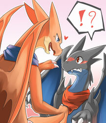  blue_body blue_eyes blue_wings blush dragon duo eye_contact fangs generation_6_pokemon glistening glistening_eyes grey_body heart_symbol kerchief kuttoyaki looking_at_another mega_charizard mega_charizard_x mega_charizard_y mega_evolution mythological_creature mythological_scalie mythology neckerchief nintendo open_mouth orange_body orange_wings pokemon pokemon_(species) red_eyes red_kerchief red_neckerchief red_tongue scalie simple_background speech_bubble teeth tongue wings yellow_body 