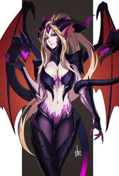  absurdres animal_ears animal_hands ass_visible_through_thighs blonde_hair breasts cleavage distr dragon_girl dragon_sorceress_zyra female fins head_fins highres horns large_breasts league_of_legends long_hair looking_at_viewer monster_girl multiple_horns navel pantyhose ponytail purple_pantyhose signature smile solo standing tentacle thigh_gap very_long_hair wings zyra 