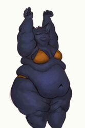  2021 anthro belly belly_overhang belly_rolls big_belly blue_body blue_fur bra cettus closed_eyes clothed clothing domestic_cat fat_rolls felid feline felis female flabby_arms fur love_handles mae_borowski mammal navel night_in_the_woods obese obese_anthro obese_female overweight overweight_anthro overweight_female panties raised_arms simple_background solo standing thick_thighs underwear underwear_only white_background 