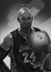  1boy bald ball basketball basketball_(object) basketball_jersey basketball_uniform burari closed_eyes commentary dark-skinned_male dark_skin dated detached_sleeves english_commentary facial_hair grey_background greyscale hand_up kobe_bryant los_angeles_lakers male_focus manly monochrome national_basketball_association realistic single_detached_sleeve smile solo sportswear stubble tossing upper_body very_dark_skin 