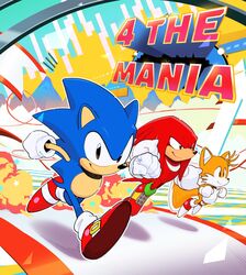  3boys animal_nose anniversary black_eyes clenched_hands flying furry furry_male gloves highres knuckles_the_echidna male_focus multiple_boys purple_eyes running shoes smile sneakers sonic_(series) sonic_mania sonic_the_hedgehog sonic_the_hedgehog_(classic) tail tails_(sonic) tyson_hesse white_gloves 