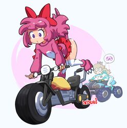  1boy :o absurdres all-terrain_vehicle artist_name bad_id bad_pixiv_id bent_over biker_rosalina birdo blonde_hair blue_gloves blue_scarf bodysuit bow commentary crossdressing crown diamond_ring dinosaur_tail driving elbow_gloves eyeshadow female flame_print gloves hair_over_one_eye hairbow highres humanization jumpsuit korean_commentary long_hair looking_at_ass makeup mario_(series) mario_kart mario_kart_8 medium_hair miniskirt minuspal mole mole_under_eye motor_vehicle motorcycle otoko_no_ko over-kneehighs panties paw_shoes phallic_symbol pink_hair pink_sweater pink_tail print_sweater purple_eyes purple_eyeshadow racing_suit red_bow red_skirt riding rosalina scarf simple_background skirt standard_atv_(mario) surprised sweater tail thighhighs thinking underwear white_jumpsuit white_panties wide-eyed 