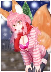  animal_ear_fluff animal_ears bad_id bad_pixiv_id black_thighhighs blush bra breasts christmas christmas_lights christmas_ornaments christmas_tree cleavage closed_eyes fate/extella fate/extra fate/extra_ccc fate/grand_order fate_(series) female fox_ears fox_girl fox_tail highres large_breasts official_alternate_costume open_clothes open_shirt outdoors pink_bra pink_hair snow solo striped tail tamamo_(fate) tamamo_no_mae_(fate/extra) tamamo_no_mae_(spring_casual)_(fate) thighhighs underwear winsankemonodou yellow_eyes 