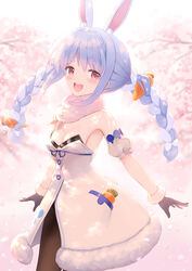  :d animal_ear_fluff animal_ears bare_shoulders bell_(oppore_coppore) black_gloves black_leotard blue_hair blurry blurry_background blush bow braid branch breasts brown_eyes brown_pantyhose carrot_hair_ornament cherry_blossoms cleavage depth_of_field detached_sleeves don-chan_(usada_pekora) dress female flower food-themed_hair_ornament fur-trimmed_dress fur-trimmed_gloves fur_trim gloves hair_ornament hairbow highres hololive leotard long_hair looking_at_viewer md5_mismatch multicolored_hair open_mouth pantyhose pink_flower puffy_short_sleeves puffy_sleeves rabbit_ears short_eyebrows short_sleeves small_breasts smile solo strapless strapless_dress strapless_leotard teeth thick_eyebrows twin_braids twintails two-tone_hair upper_teeth_only usada_pekora usada_pekora_(1st_costume) virtual_youtuber white_bow white_dress white_hair white_sleeves 