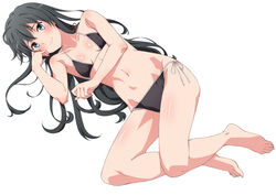  absurdres alternate_costume barefoot bikini black_bikini black_hair blue_eyes border breasts female full_body highres long_hair looking_at_viewer lying on_side shou937 side-tie_bikini_bottom sidelocks simple_background small_breasts smile solo swimsuit white_background yahari_ore_no_seishun_lovecome_wa_machigatteiru. yukinoshita_yukino 