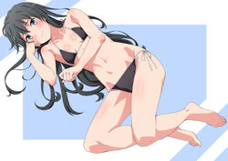  absurdres alternate_costume barefoot bikini black_bikini black_hair blue_background blue_eyes border breasts female full_body halterneck highres long_hair looking_at_viewer lying on_side shou937 side-tie_bikini_bottom sidelocks small_breasts smile solo string_bikini swimsuit two-tone_background white_border yahari_ore_no_seishun_lovecome_wa_machigatteiru. yukinoshita_yukino 