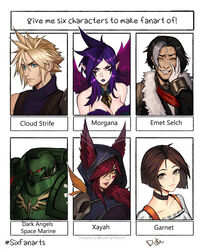  3boys 3girls absurdres adeptus_astartes armor black_choker blonde_hair blue_eyes bob_cut breasts brown_hair character_name choker cleavage closed_mouth cloud_strife dark_angels distr ears_through_headwear emet-selch english_text final_fantasy final_fantasy_ix final_fantasy_vii final_fantasy_xiv forehead_jewel full_armor garnet_til_alexandros_xvii gloves grin hand_on_own_cheek hand_on_own_face highres league_of_legends looking_at_viewer makeup morgana_(league_of_legends) multicolored_hair multiple_boys multiple_drawing_challenge multiple_girls parted_lips pink_eyes pointy_ears purple_hair purple_shirt red_hair shirt short_hair six_fanarts_challenge smile streaked_hair warhammer_40k white_gloves xayah yellow_eyes 