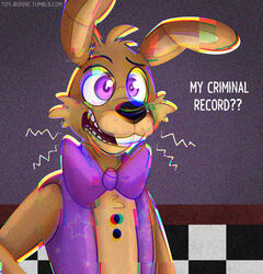  2020 ? anthro big_bow_tie big_teeth black_eyebrows black_nose bow_tie brown_body brown_fur buckteeth checkered_wall close-up clothed clothing dialogue english_text eyebrows five_nights_at_freddy&#039;s five_nights_at_freddy&#039;s_vr:help_wanted fnaf_vr_help_wanted fur glitchtrap hi_res lagomorph leporid long_ears male mammal multicolored_body multicolored_fur open_mouth purple_eyes question rabbit skinny smile solo standing stitch_(disambiguation) tan_body tan_fur teeth text thin_eyebrows toony topwear toy-bonnie vest video_games whiskers 