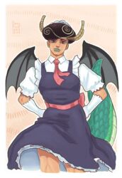  1boy afro alternate_costume artist_name belt black_eyes black_wings collared_shirt commentary cropped_legs crossdressing dirtyfox911911 dragon_boy dragon_tail dress elbow_gloves enmaided gloves green_lips hands_on_own_hips highres horns jojo_no_kimyou_na_bouken jojolion kobayashi-san_chi_no_maidragon large_tail lips looking_at_viewer maid male_focus multicolored_hair name_connection necktie outline puffy_short_sleeves puffy_sleeves red_belt red_necktie red_ribbon ribbon scales shirt short_sleeves solo straight-on symbol-only_commentary tail thick_thighs thighs tohru_(maidragon) tooru_(jojolion) two-tone_hair white_gloves white_outline white_shirt wings 