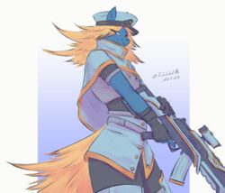  2023 anthro blonde_hair blue_body clothing digital_media_(artwork) equid female gloves gun hair handwear hat headgear headwear hi_res holding_gun holding_object holding_ranged_weapon holding_rifle holding_weapon looking_at_viewer mammal ranged_weapon simple_background smile solo trololohstuffs uniform weapon 