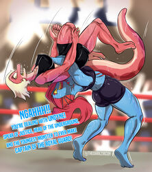  absurd_res amphibia_(series) amphibian angry animal_humanoid anthro blue_body blue_skin blurred_background bodily_fluids bottomwear breasts clothing digital_drawing_(artwork) digital_media_(artwork) disney duo english_text female fish fish_humanoid general_yunan hair hi_res holding_character humanoid marine marine_humanoid monster newt red_body red_skin salamander scar sharp_teeth shorts suplex sweat teeth text thedarkzircon undertale_(series) undyne wrestling 