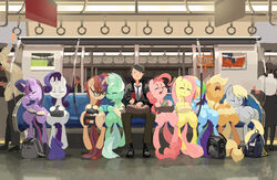  absurd_res applejack_(mlp) book closed_eyes clothed clothing cottonbudfilly derpy_hooves equid equine eyewear female feral fluttershy_(mlp) friendship_is_magic glasses group handbag hasbro hi_res horn human lyra_heartstrings_(mlp) male mammal mane_six_(mlp) moondancer_(mlp) my_little_pony mythological_creature mythological_equine mythology pegasus pinkie_pie_(mlp) rainbow_dash_(mlp) rarity_(mlp) sitting sleeping subway suit twilight_sparkle_(mlp) unicorn wings 