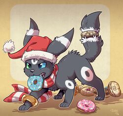  2016 ambiguous_gender arched_back black_body black_fur blue_eyes christmas christmas_clothing christmas_headwear clothing dessert doughnut eeveelution fan_character food food_in_mouth food_on_body frosting fur generation_2_pokemon green_eyes hat headgear headwear heterochromia hi_res holidays jelly_(food) nintendo pastry pattern_clothing pattern_scarf pokemon pokemon_(species) powder santa_hat scarf shellyochunks signature sky_(umbry_sky) snarling solo sprinkles striped_clothing striped_scarf stripes umbreon white_body white_fur 