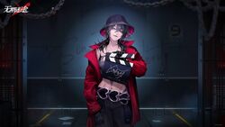  black_gloves black_hair black_hat black_pants chains clapperboard closed_mouth crop_top deren_(path_to_nowhere) earrings female floor gloves grey_eyes hair_between_eyes hand_in_pocket hat highres indoors jacket jewelry looking_at_viewer mugshot navel necklace official_art official_wallpaper open_clothes open_jacket pants paper path_to_nowhere red_jacket smile solo wall 