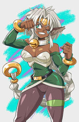  aisha_clanclan animal_ears braid breasts cleavage dark-skinned_female dark_skin female green_eyes grey_hair grin large_breasts long_hair looking_to_the_side mike_luckas one_eye_closed outlaw_star parted_lips single_braid smile solo teeth 