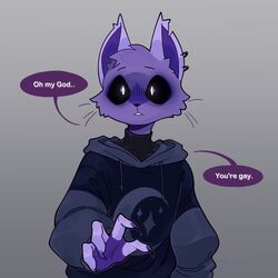  anthro catnap_(poppy_playtime) clothed clothing domestic_cat english_text felid feline felis hoodie looking_at_viewer lycheespot male mammal poppy_playtime simple_background smiling_critters solo speech_bubble text topwear 