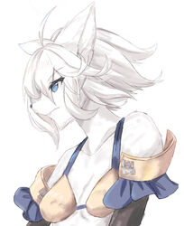  ahoge animal_ears animal_nose armor bare_shoulders bikini_armor blue_eyes body_fur breasts cleavage closed_mouth collarbone dinah_(unicorn_overlord) female fox_ears fox_girl frown furry furry_female gold_armor highres mumei_shumi short_hair simple_background small_breasts snout solo unicorn_overlord white_background white_fur white_hair 