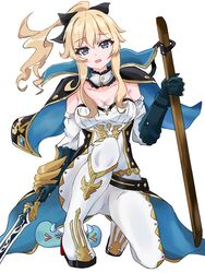  absurdres amanotti_01 blonde_hair blue_capelet blue_eyes boots bow breasts capelet cleavage detached_collar detached_sleeves female full_body genshin_impact gloves hairbow highres holding holding_sword holding_weapon jean_(genshin_impact) long_hair looking_at_viewer medium_breasts on_one_knee open_mouth pants ponytail sidelocks simple_background solo strapless sword tight_clothes tight_pants weapon white_background white_pants 