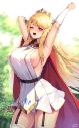  ;d absurdres arm_up armpits black_garter_straps blonde_hair bloody0rabby braid breasts cape elpin_(trickcal) female garter_straps highres large_breasts long_hair looking_at_viewer one_eye_closed open_mouth red_cape red_eyes sideboob signature single_braid skirt smile sparkling_eyes teeth thighhighs tiara trickcal twitter_username upper_teeth_only white_skirt white_thighhighs 