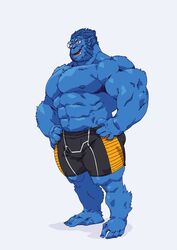  1boy :d bara beard beast_(x-men) blue_hair blue_skin body_fur bulge colored_skin facial_hair full_beard glasses highres large_pectorals looking_at_viewer male_focus marvel mature_male monster_boy muscular muscular_male navel nipples pectorals pointy_ears short_hair short_shorts shorts smile solo standing stomach strongman_waist tachi-e taoren thick_beard thick_thighs thighs topless_male x-men 