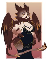  2024 accessory anthro avian beak black_clothing black_dress breasts brown_body brown_fur clothing dress facial_markings female fluffy_hips fur furgonomics gryphon hand_on_hip head_markings hi_res hollow_hip_backless_chain_dress jewelry leanivbirb looking_at_viewer markings meme meme_clothing multicolored_body multicolored_fur mythological_avian mythological_creature mythology neck_tuft open_mouth paws simple_background solo tail tail_accessory tail_jewelry tail_tuft tan_body tan_fur tuft two_tone_body two_tone_fur wing_jewelry wings yellow_eyes 