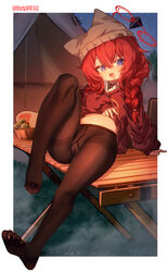  :d absurdres beanie black_pantyhose blue_archive blue_eyes blush braid brown_hat cameltoe collared_shirt feet female hair_between_eyes halo hat highres legs long_hair long_sleeves looking_at_viewer maki_(blue_archive) maki_(camp)_(blue_archive) night no_pants no_shoes official_alternate_costume open_mouth outdoors pantyhose peanut_huasheng red_hair red_halo red_shirt shirt smile soles solo tent toes twin_braids white_shirt 