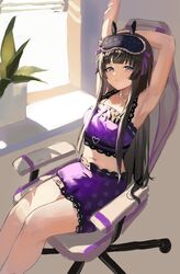  armpits arms_up black_hair chair cropped_shirt eye_mask female frilled_shorts frills gaming_chair grey_eyes highres indoors lace-trimmed_shirt lace-trimmed_shorts lace_trim long_hair looking_at_viewer loungewear mask mask_on_head midriff nijisanji plant pogua_haka potted_plant print_mask purple_shirt purple_shorts ribbon-trimmed_shorts ribbon_trim shirt shorts sitting sleep_mask sleeveless sleeveless_shirt solo stretching swivel_chair tsukino_mito tsukino_mito_(loungewear) very_long_hair virtual_youtuber window 