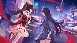  2girls absurdres bell black_choker black_gloves brown_hair choker city cityscape detached_sleeves dual_persona fish flying_fish fox_mask gloves god_hunter goldfish grin gun hair_down hair_ornament hairclip highres holding holding_gun holding_weapon honkai:_star_rail honkai_(series) japanese_clothes long_hair looking_at_another mask mask_on_head multiple_girls nail_polish neck_bell official_alternate_costume official_alternate_hairstyle okobo purple_eyes red_nails sandals school_uniform single_glove sleeveless smile sparkle_(honkai:_star_rail) sparkle_(school_uniform)_(honkai:_star_rail) thigh_strap toenail_polish toenails twintails very_long_hair weapon 