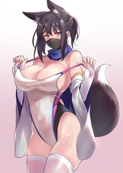  animal_ear_fluff animal_ears back_cutout bare_shoulders black_hair blue_scarf blush breasts bridal_gauntlets cleavage clothing_cutout commentary_request competition_swimsuit covered_navel cowboy_shot detached_sleeves extra_ears female fox_ears fox_girl fox_tail from_side gradient_background groin hair_between_eyes hands_up high_ponytail highleg highleg_swimsuit looking_at_viewer mask medium_hair mole mole_on_thigh mole_under_eye mouth_mask ninja_mask one-piece_swimsuit original pink_background pulling_own_clothes raised_eyebrows red_eyes sawaya_(mizukazu) scarf short_ponytail sideboob sidelocks simple_background standing strap_pull sweat swimsuit tail tail_raised taut_clothes taut_swimsuit thick_thighs thighhighs thighs two-sided_fabric two-sided_sleeves white_background white_bridal_gauntlets white_sleeves white_thighhighs wide_sleeves 