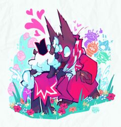  ambiguous_gender anthro barefoot blush bovid caprine clothed clothing cult_of_the_lamb digital_media_(artwork) domestic_cat duo_focus feet felid feline felis flower fully_clothed fur grass group heart_symbol heket_(cult_of_the_lamb) hi_res kallamar_(cult_of_the_lamb) kissing lamb_(cult_of_the_lamb) leshy_(cult_of_the_lamb) mammal massive_monster_(studio) narinder nyanaknifegal plant shamura_(cult_of_the_lamb) sheep signature standing white_body white_fur white_wool wool_(fur) 