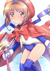  blue_leotard blue_thighhighs brown_hair cardcaptor_sakura cloak female fuuin_no_tsue gloves green_eyes hair_intakes hat highres himehachi_(hime8manga) kinomoto_sakura leotard leotard_under_clothes red_cloak shirt short_hair smile solo thighhighs thighs wand white_gloves white_shirt 