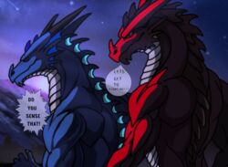  absurd_res animal_humanoid anthro cold dragon dragon_humanoid dreamdragon89 duo english_text hi_res humanoid male male/male moon mountain mythological_creature mythological_scalie mythology nintendo pokemon pokemon_(species) reptile scalie scalie_humanoid scenery text 