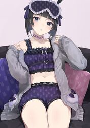  :o atsushima bare_shoulders black_eyes black_hair blush cardigan collarbone couch cowboy_shot dot_nose eye_mask female frilled_shirt frilled_shorts frills fur-trimmed_cardigan fur_trim grey_cardigan head_tilt highres legs_together long_sleeves looking_at_viewer mask mask_on_head midriff navel nijisanji off_shoulder open_cardigan open_clothes open_mouth pillow purple_shirt purple_shorts shirt short_hair shorts sidelocks sitting sleep_mask sleeveless sleeveless_shirt solo stomach teeth thighs tsukino_mito tsukino_mito_(loungewear) virtual_youtuber 